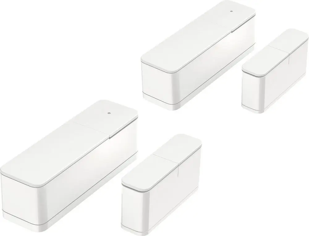 Weißes smartes Tür-/Fensterkontakt-System von Bosch, bestehend aus mehreren Modulen in unterschiedlichen Größen, zur Überwachung von Zugängen.